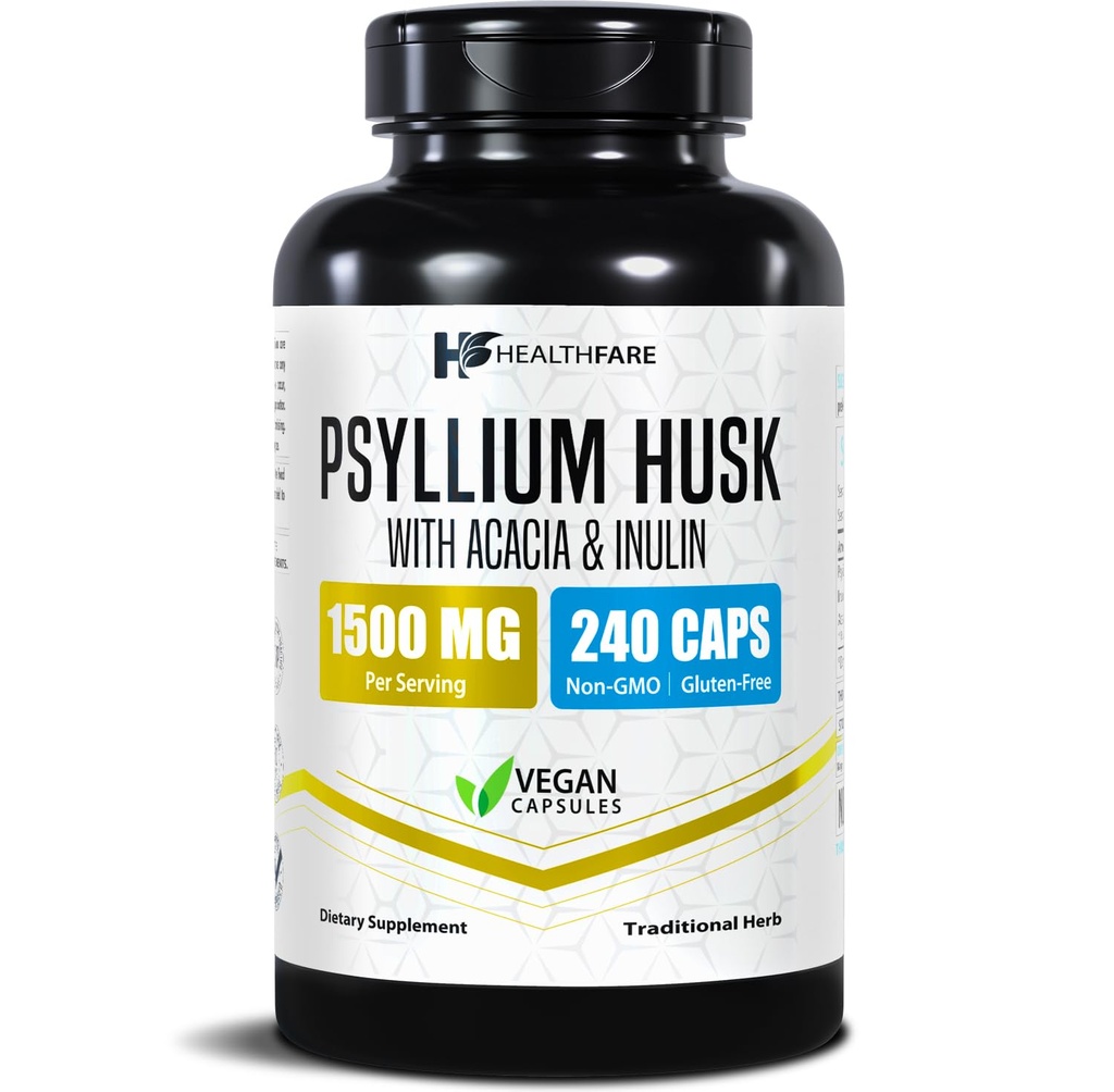 Healthfare Psyllium Husk Fibre 1500mg , 240 Capsules Vegan , Supplément de fibre extra-fort , soutient la santé digestive , non-OGM , sans gluten , Fabriqué aux États-Unis