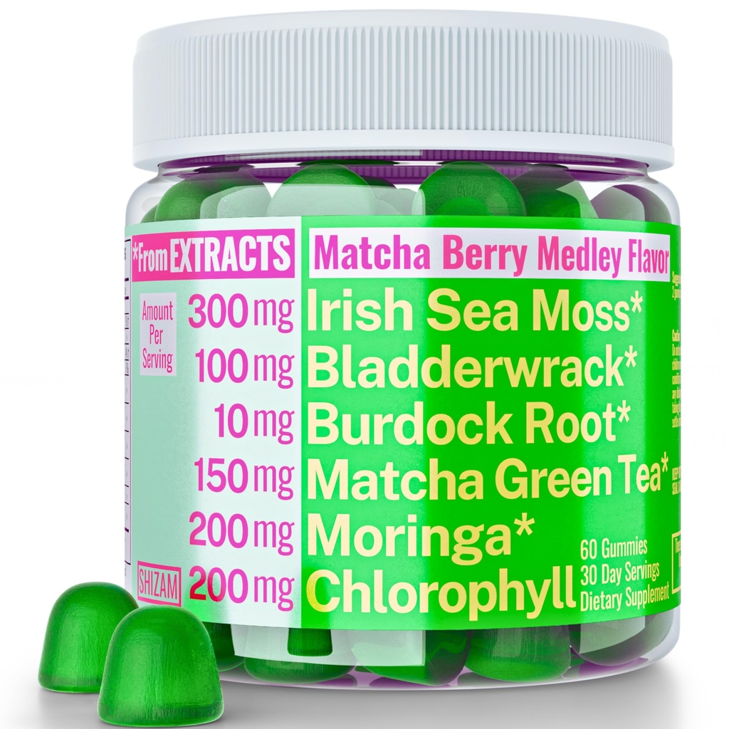Moringa Irish Sea Moss Chlorophyll EGCg Green Tea Burdock Root Bladderwrack Super Greens Gummies, Capsules de poudre Pills Liquid Drops Oil Tincture Suppléments Alt, Bio Green Seamoss