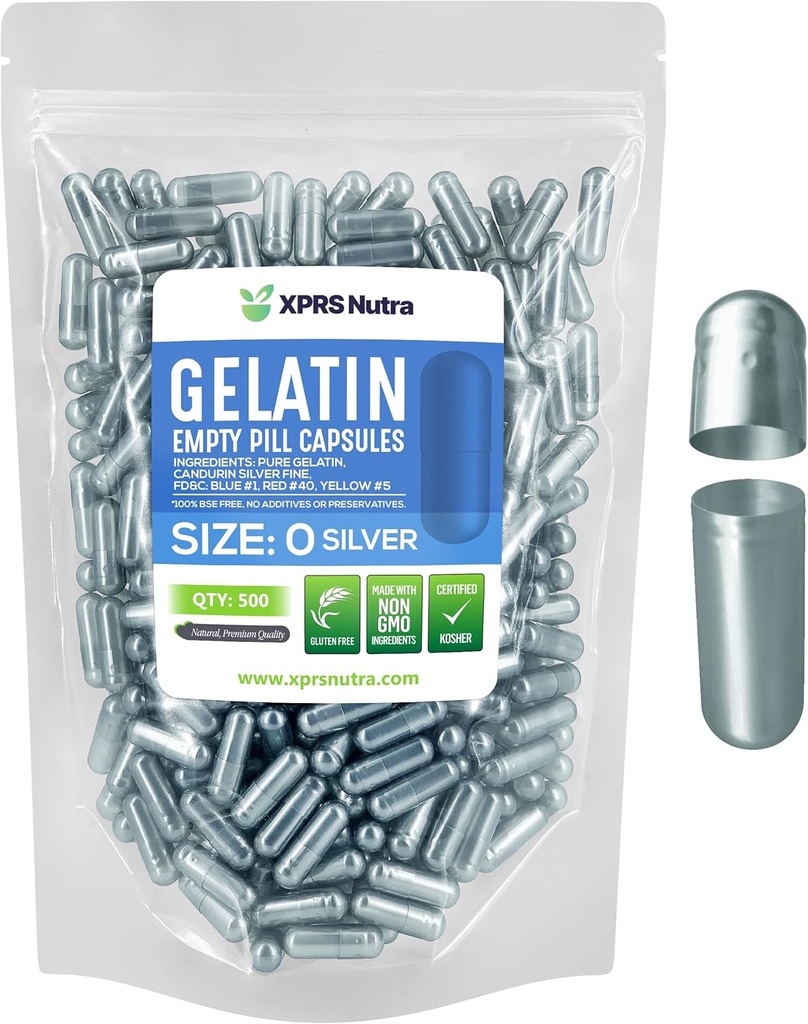 XPRS Nutra Size 0 Capsule Vuote - 500 Conte Empty Gelatin Capsule - Pillole DIY Capsule Filling - Pure Bovine Pill Gel Caps per Do-It-Yourself Supplements (Argento)