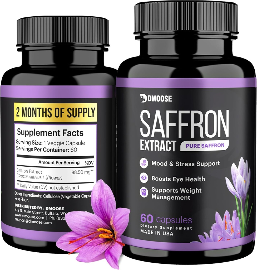 DMoose Saffron Extract (88.5 mg) - Enhance Energy, Support Eye Health - Non-GMO Saffron Supplement für Männer und Frauen - 60 Kapseln (2 Monate Servieren) (60 Zähler)