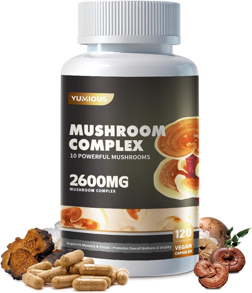 Pilz Complex Supplement 2600mg, 120 Kapseln - 10 Pilze Mischung - Reishi, Löwenmäntel Ergänzung Kapseln, Löwenmäntel, Cordyceps, Chaga, Türkei Tail, Maitake, Shiitake, Oyster Nootropic Complex