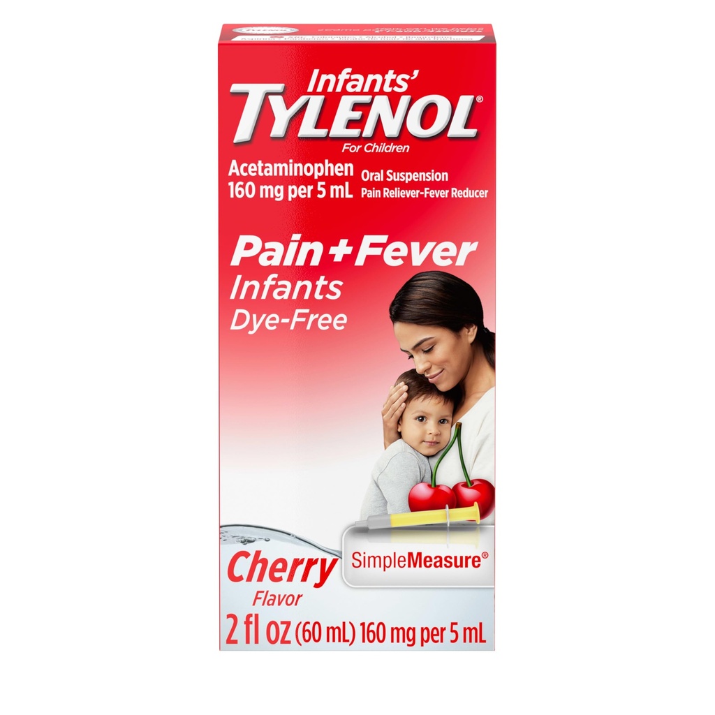 Infants' Tylenol Liquid Pain Relief and Fever Medicine, Oral Suspension, Dye-Free Acetaminophen für Sore Throat, Kopfschmerzen & Zähne, Fever Reducer für Kinder; Cherry Flavor, 2 fl. oz.; Packung von 1