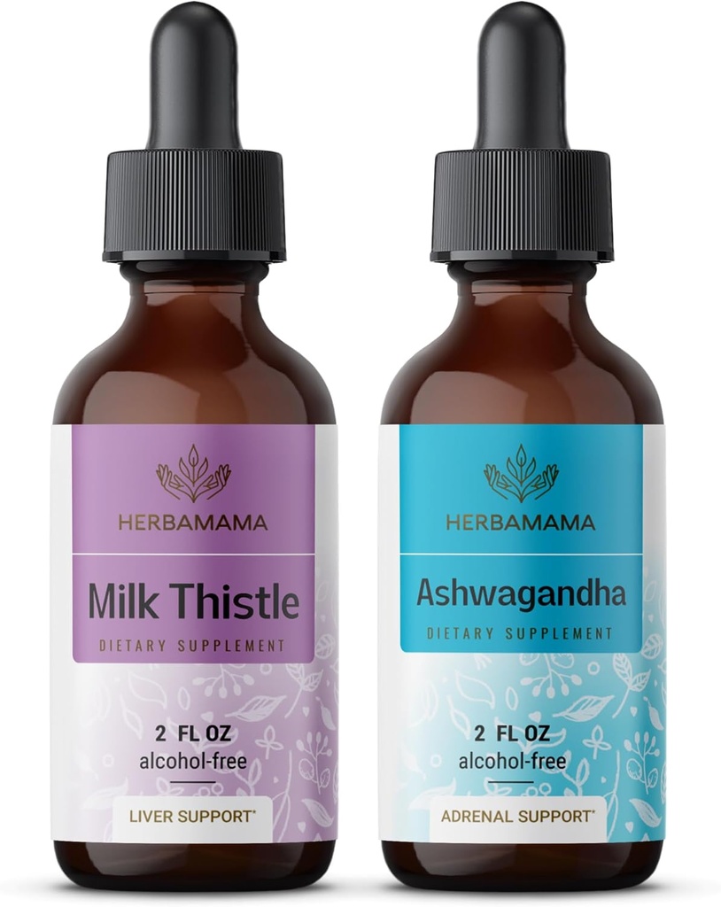 HERBAMA Kräuter-Flüssigtropfen-Kit - Bundle of Milk Thistle Extract & Ashwagandha Root Tincture 2 fl oz - Vegan, Non-GMO, Zucker & Alkoholfrei - 2 Pack