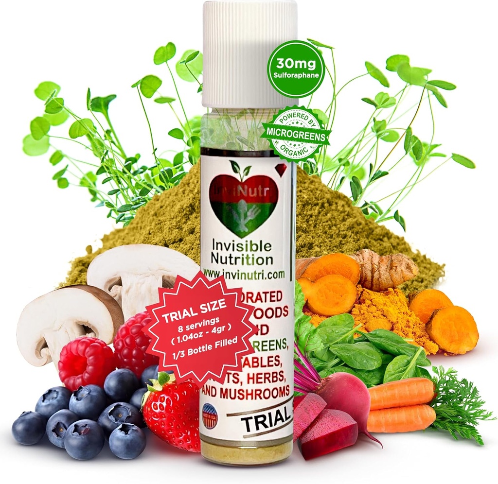 Polvere Superfood InviNutri per mangiatori di Picky – Sensory-Friendly, 40x Nutrient-Rich, 30mg Sulforaphane – Microgreen organici, Frutta & Veggies – Miscele Invisibilmente In molti pasti - Trial Portion