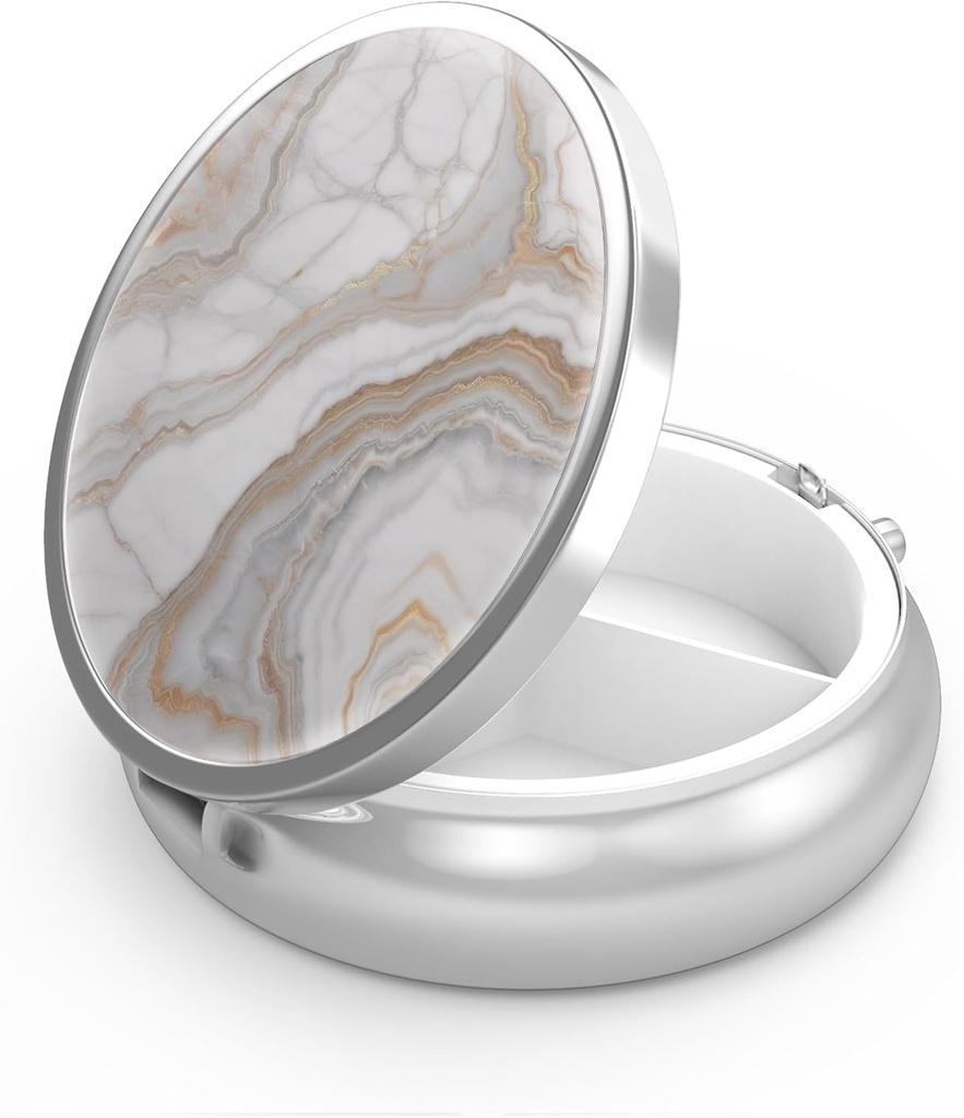 Pill Box 3 Compartiment petit cas de pilule, Portable pour la poche ou la pilule de chasse Organisateur porte-conteneur de pilule pour tenir les vitamines, les médicaments, l'huile de poisson et les suppléments (Gray Marbling Gold)