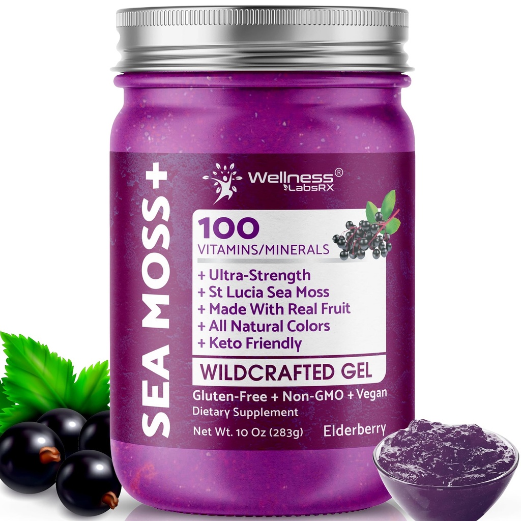 WELLNESS LABSRX Irish Sea Moss Gel Raw - Wildcrafted Superfood Seamoss Gel - Elderberry Flavor, Vitamin and Mineral-Rich von Pristine Caribbean Waters, Immune and Digestive Health Support - 10 Unze.