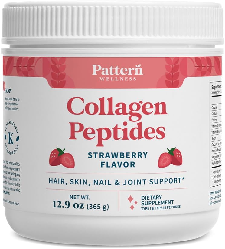 Muster Wellness Collagen Peptides Powder (Typ I & III) - Haar, Nägel, Haut und Gelenkunterstützung - Gras Fed & Weide-Raised - Hydrolyzed, Non-GMO, Dairy Free, & Keto-Friendly - Erdbeere (13 Oz)