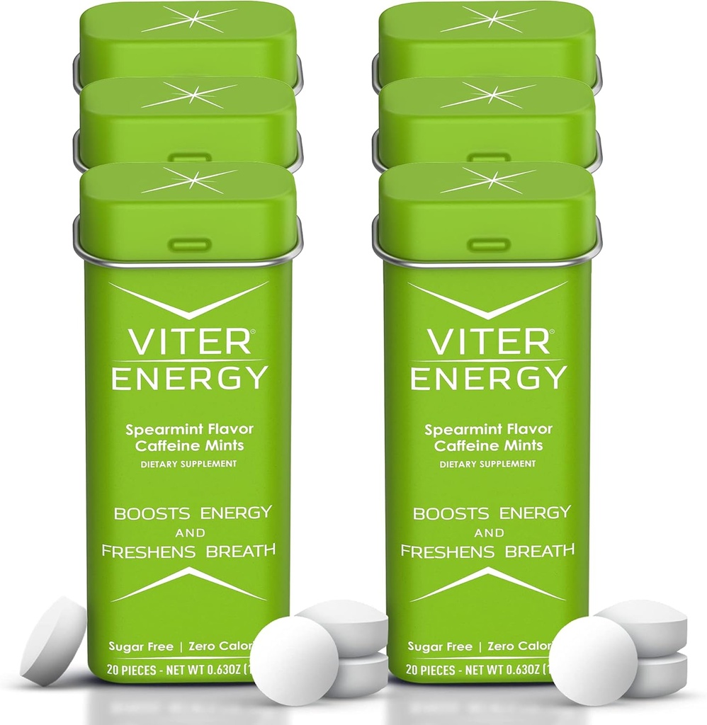 Viter Energy 40mg Koffein Minze - Zuckerfrei, B Vitamine, Vegan, Boosts Fast Energized Alert Focus, Koffeinierte Nootropic Ergänzung Pillen (Spearmint Flavor, 20pcs, 6 Pack, 120pcs Gesamt)