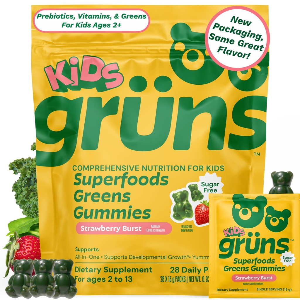 Gruns Multivitamin per bambini, Super Greens Gummies, Superfood Gummy Bears con 20+ Vitamine & Minerali, Spirulina, Chlorella, Prebiotics Fiber per la salute digestiva, Supplemento Adaptogens, 28 giorni Fornitura