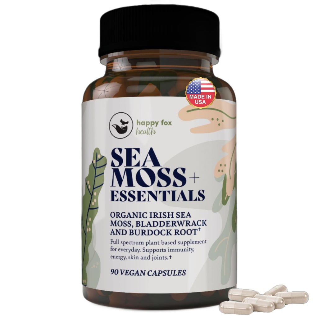HAPPY FOX Irish Sea Moss Capsule con Burdock Root & Bladderwrack - Alternativa a Seamoss Gummies o Polvere, 90 Vegan Capsules, Made in USA