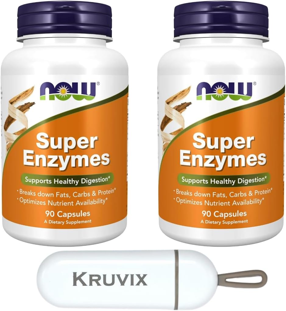 MAINTENANT compléments alimentaires, Super enzymes , Formulé avec Bromelain, Bile à Ox, Pancréatine et Papaine, Super enzymes , 90 Capsules - Pack de 2 avec Organisateur Pill