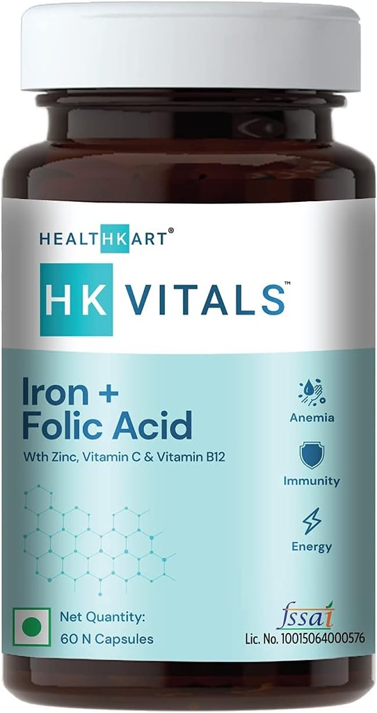 Integratore di acido folico, con zinco, vitamina C & vitamina B12, supporta la costruzione del sangue, l'immunità e l'energia, 60 capsule di acido folico di ferro