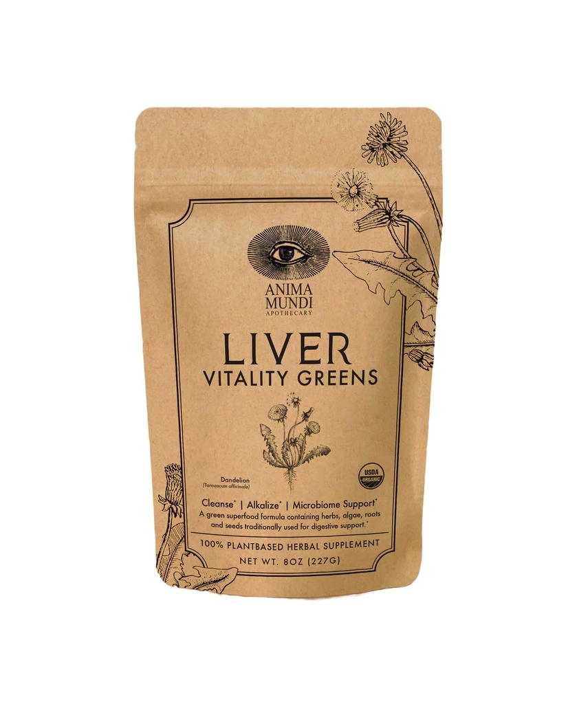Anima Mundi Apothicary Super Greens Powder - Vitalité du foie - Bio Superfood Greens & Herbal Prebiotics pour la désintoxication du foie, nettoyer et soutenir - avec le dandelion équitable, le chardon et plus (8oz)