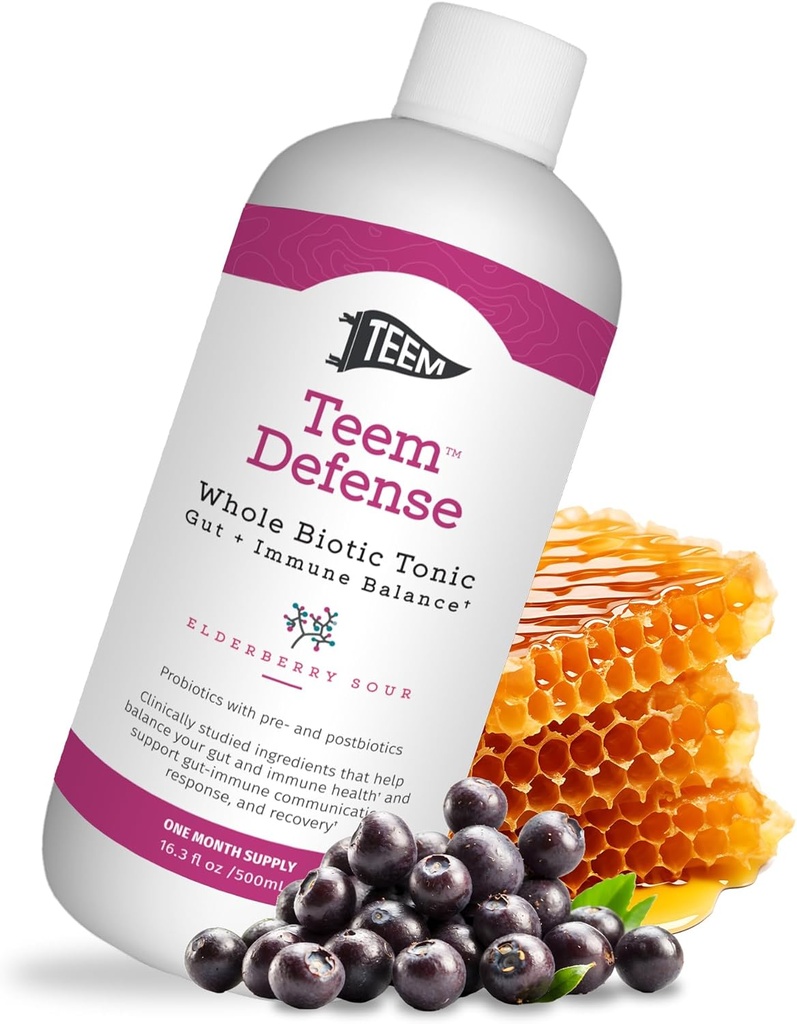 Probiotico liquido di difesa Teem con Elderberry, Tonico Biotico Intero per Digestione e Immunità, Integratore probiotico e postbiotico Prebiotico per bambini e adulti, Alimentazione di 30 giorni – 16.3 Fl.Oz