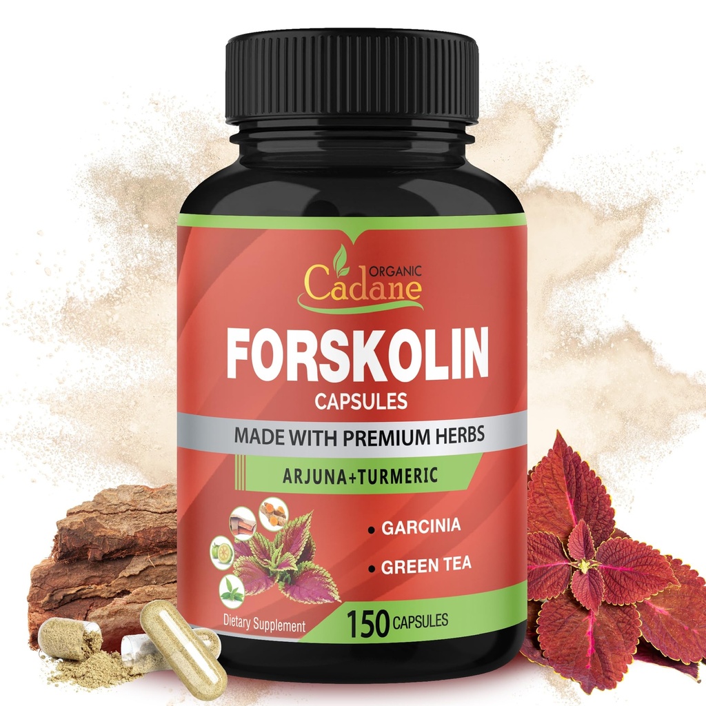 Cadane Forskolin Suppléments - 5en1 avec Curcumine Turmère, Arjuna, Garcinia Cambogia et Thé Vert - 5 mois d'approvisionnement - 150 capsules