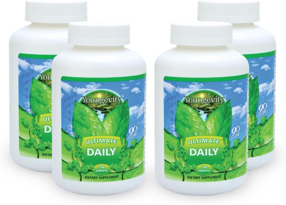 Youngevity Ultimate Daily Mega Multivitamin - 20+ Vitamine e Minerali w/ CoQ10 - Vitamine A, C, D, E, Zinco, Folato, Selenio, Calcio, Cromo e Altro - Alto assorbimento 180 Compresse (Pack of 4)