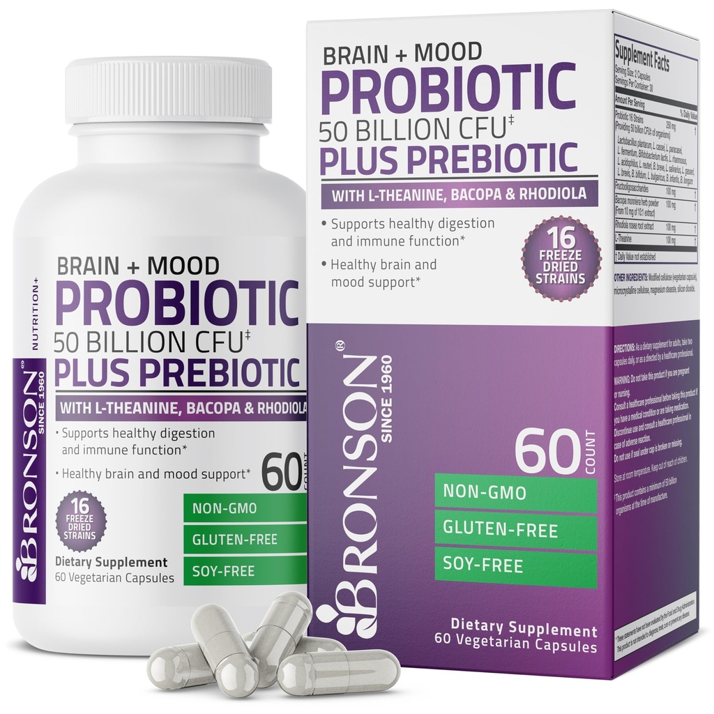 Bronson Brain + Mood Probiotic 50 Billion CFU Plus Prebiotic mit L-Theanin, Bacopa und Rhodiola Non-GMO, 60 vegetarische Kapseln