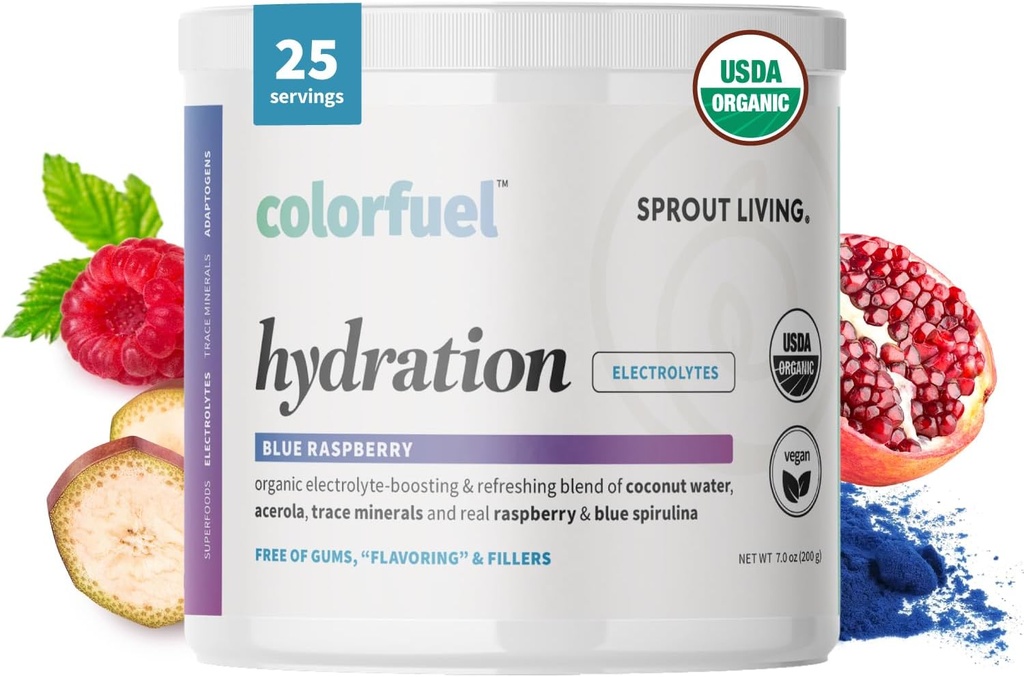 Sprout Living, Colorfuel Hydration Powder Drink Mix, Organic Superfoods + Adaptogens | Idratazione & Recupero, Electrolytes, Himalayan Pink Salt, Blue Spirulina, Blue Raspberry Flavor (25 Serve)