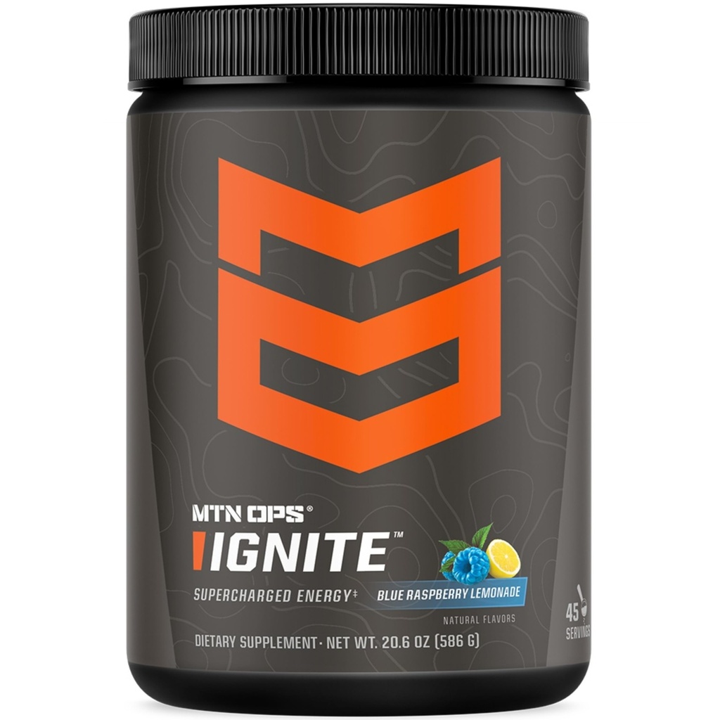 MTN OPS Ignite Energy Drink Powder, Gluten Free Nootropic Supplement Drink Mix, L Arginine, L Citrulline, Caffeina & Nootropic Sugar Free Drink Mix, 45 Servings, Blue Raspberry Lemonade