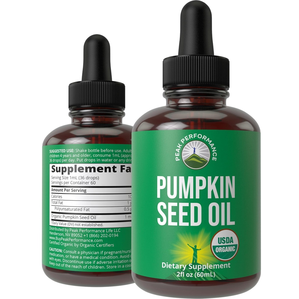 Olio di semi di zucca. USDA Estratto di gocce di liquido vegano organico per le donne e gli uomini. Supplemento per la crescita dei capelli, la salute della pelle, UT, il supporto della prostata. Zero Sugar, Gluten Free. Prendere Orally Senza Capsule