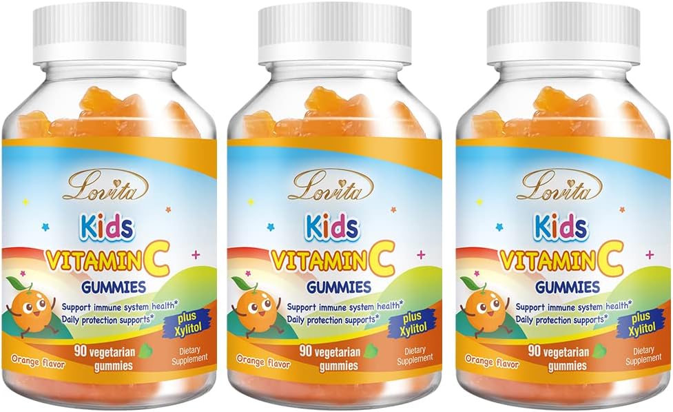 Lovita Vegan Vitamin C Gummi für Kinder, Große Verkostung Pflanzenbasierte Formel, Immunfunktion Unterstützung mit Vitamin C 150mg pro Tag Servieren & Xylitol, Natürliche Orange Flavored, 90 Gummi (Pack von 3)