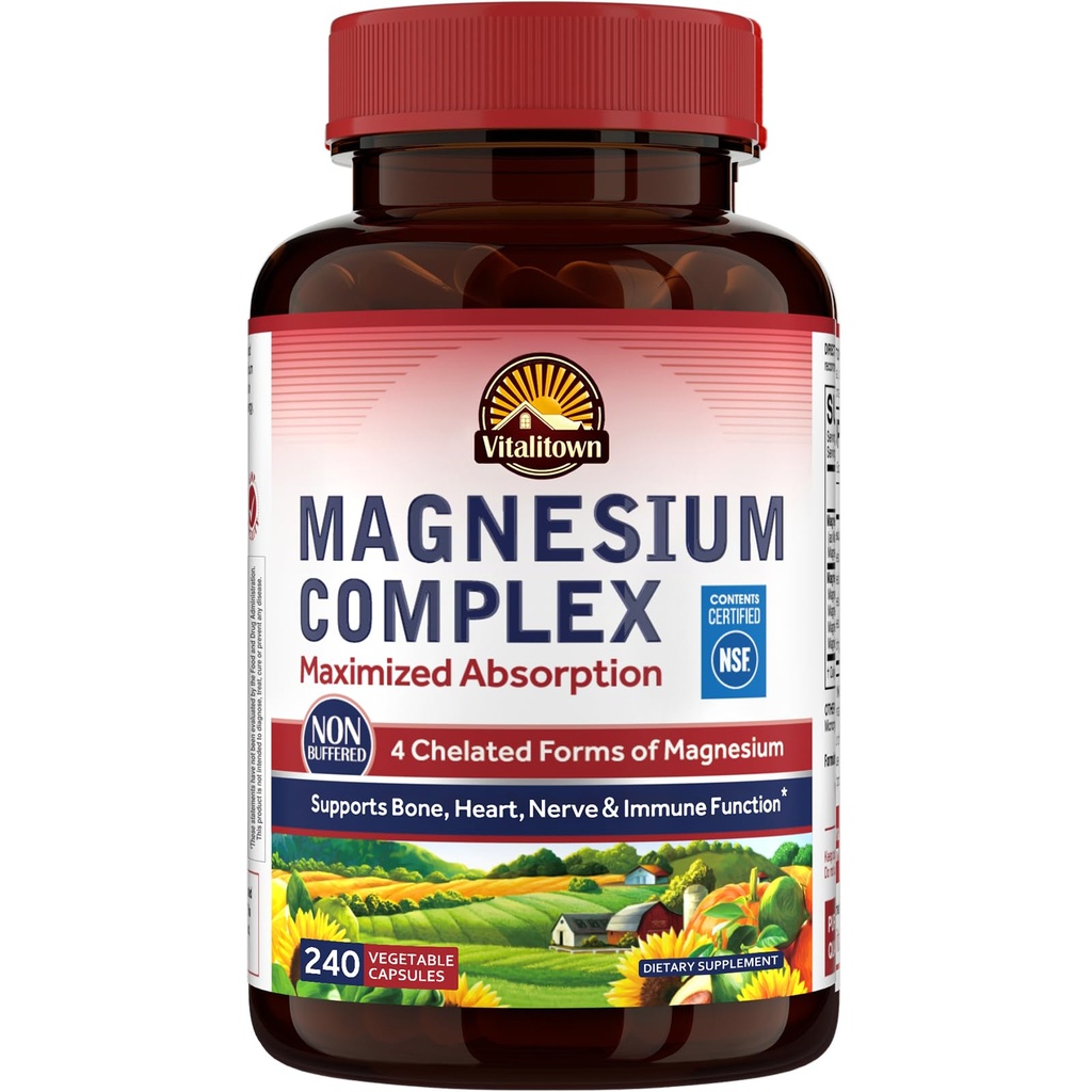 Vitalitown Magnesium Complex Supplement 500mg, Maximierte Absorption, NSF Certified Chelat Magnesium Glycinate, Malate, Taurate & Citrate für Schlaf, Energie & Herz, Vegan, Non-GMO 240 Caps