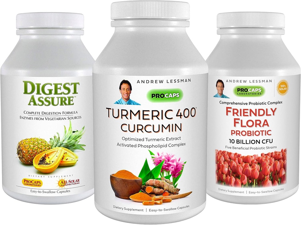 ANDREW LESSMAN 3 Product Digestive Bundle - 30 capsule Ciascuna curcuma currica 400, Assure Digest & Ultimate Friendly Flora. Supporto e migliorare i processi digestivi sani.