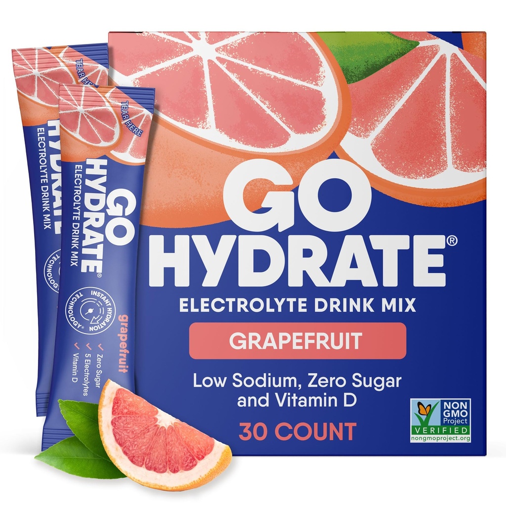 GoHydrate Low Sodium Elektrolyte Pulver-Packets Sugar Free - Instant Hydration Daily Drink Mix - Zero Sugar Water Flavor Packet Singles mit Vitamin D - (Grapefruit, 30 Packs)