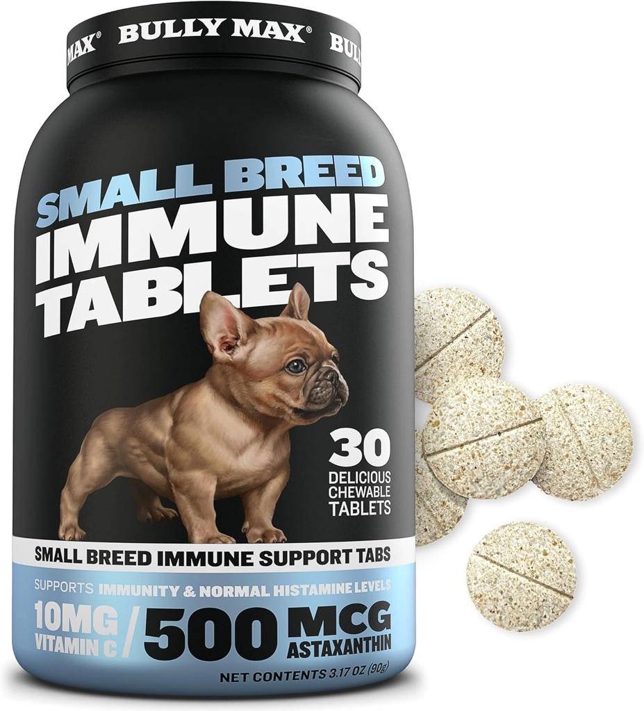 Comprimés de soutien immune pour petit chien de race Bully Max - Additif de supplément d'immunité multivitamines pour chiens chiots et adultes - Vitamines pour animaux de compagnie avec astaxanthin, colostrum, curcuma - 30 comprimés