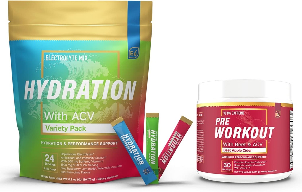 Sugar Free Hydration Powder Packets Variety - 24 Stick Packs & PreWorkout Powder with ACV | Heat, Exercise, Travel, Daily Hydration + Superfood Energy & All-Natural Nitric Oxide Booster Plus Caffeine