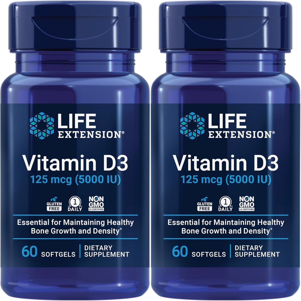Vitamina D3 125 Mcg (5000 Iu) – Promuove la salute di ossa, la salute del cervello e la funzione immunitaria – Non-OGM – senza glutine – due confezioni – 2 x 60 Softgels