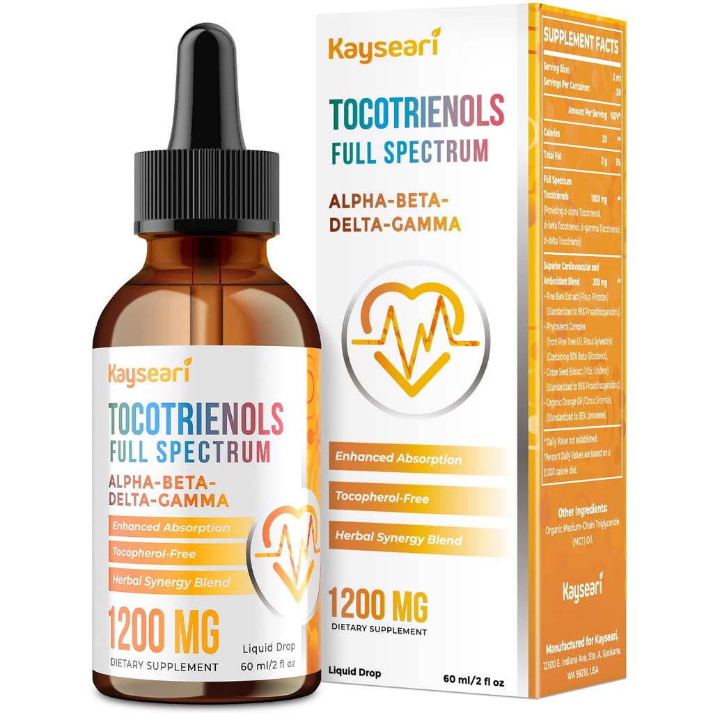 Spectre complet de tocotriénols Supplément 1200mg- Tocotriénol Vitamine E Liquide, Sans tocophérol - Mélange d'antioxydant supérieur - Absorption plus élevée - 2 fl oz,30 portions