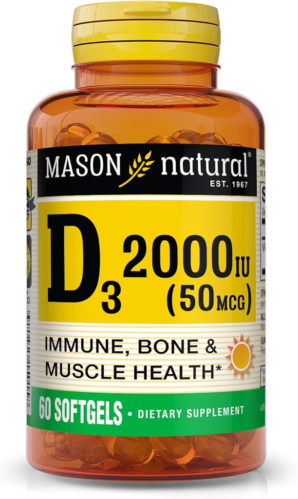 MASON Vitamina NATURAL D3 2.000 IU Ultra Forza, Supporta Densità Bone, Forza & Salute Immune, 60 Softgels