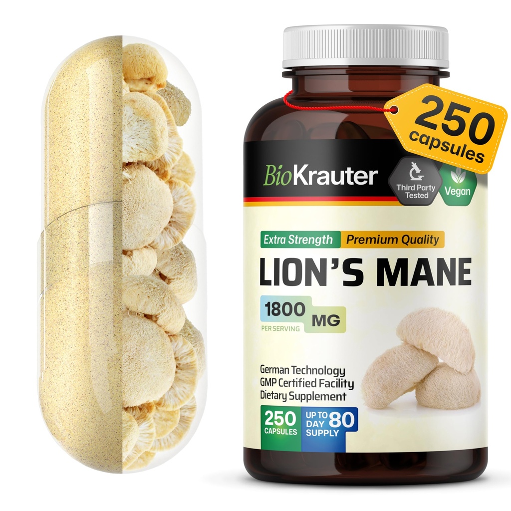 BIO KRAUTER Lions Mane Supplement Kapseln 1800 mg - 250 Count - Vegan Lions Mane Powder Supplement für Brain Support - 3 Monate Versorgung - keine Füllstoffe