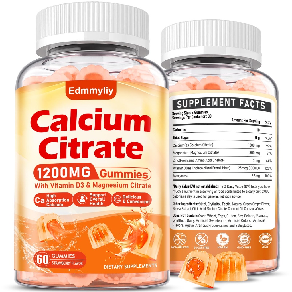 Calcium-Zitrat-Ergänzungsgummis für Erwachsene - Sugar Free Calcium Citrate 1200 Mg mit Magnesium 300 Mg & Vitamin D3 - Organic Chewable Calcium Supplements für Damen und Herren