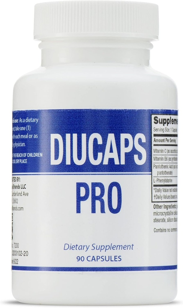 DIUCAPS PRO 90 capsule - Vitamine e Aminoacidi. C, B5, B6, L Phenylalanine. Prodotto da Legere Pharmaceuticals per ES Global Brands.