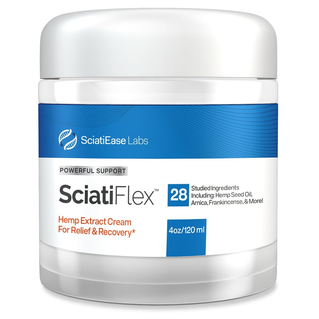 Crème sciatique sciatique sciatique sciatique SciatiFlex - Force maximale pour le désagrément sciatique dans le bas du dos, les hanches, les fesses, les jambes et les pieds - Crème de chanvre avec extrait d'Arnica, beurre de karité, Aloe Vera - 4oz