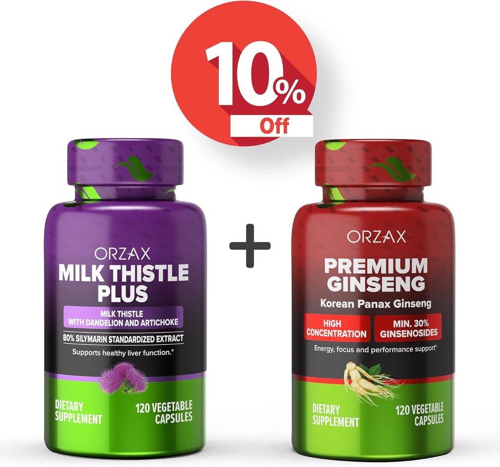 ORZAX Milk Thistle Plus 120 Vegatable Kapseln und Premium Ginseng 120 Vegatable Kapseln, Bundle