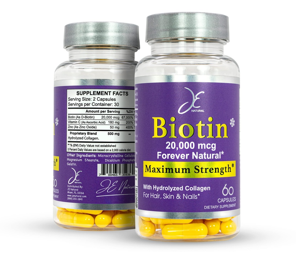 JE Natural Biotin Hair Skin and Nails Vitamins, Vitamina C, Biotin e Collagen Supplements che rendono i capelli crescono più velocemente e più lunghi, per tutte le età, 60 capsule di Biotin 20000mcg Massima resistenza.