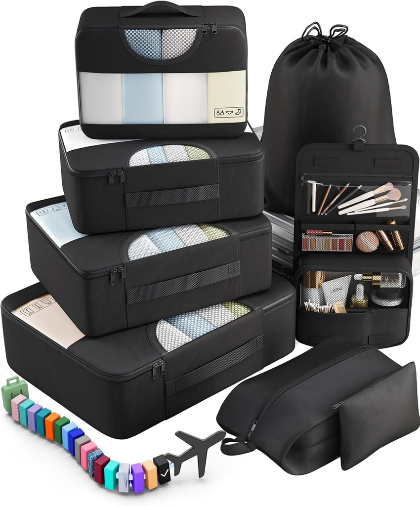 Veken 10 Set/8 Set Cubi da imballaggio per viaggiare Essentials, Borse per l'organizzatore della valigia in 4 dimensioni, Accessori per bagaglio con grande lavanderia e borsa da toilette, Must-Have per aereo, viaggio in strada e campeggio