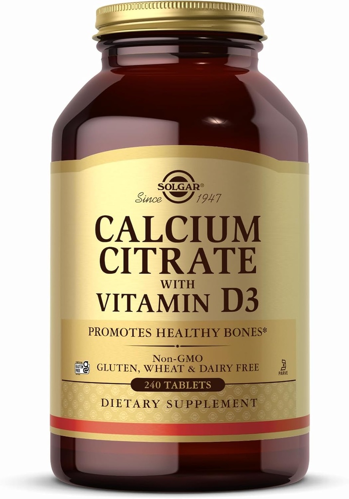 Citrato di calcio di Solgar con vitamina D3-240 compresse - Non OGM, Senza glutine, Kosher - 60 porzioni