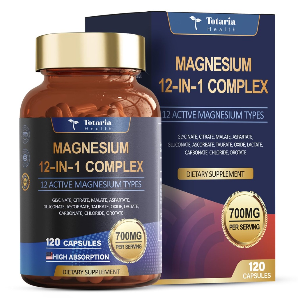 Totaria Magnesium Complex 700mg 12 in 1 Magnesium Beilage mit Glycinat Citrat Malate Oxide Taurate Aspartate Orotate Magnesium Relaxation,Muskel,Herzunterstützung, Vegan 120 Kapseln