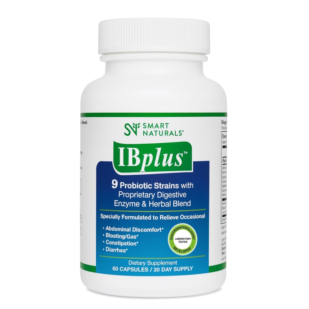 IBplus® Probiotique, enzyme digestive et mélange à base de plantes, formule améliorée 60 Capsules!! pour Bowel irritable - Douleur abdominale, constipation, diarrhée, gaz/fluctuation – Formule de propriété par Smart NaturalsTM