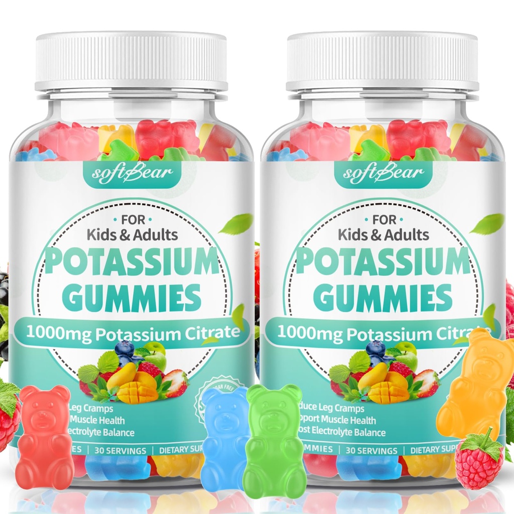 softbear Citrate de potassium Gommies, Citrate de potassium de haute puissance 1000mg soutient les crampes des jambes et la santé musculaire Gommies de potassium pour les adultes et les enfants Fruit mélangé Arôme 120 Comte