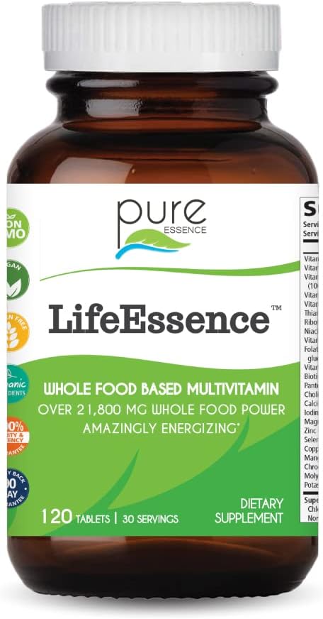 PURE ESSENCE LABS LifeEssence Multivitamina per le donne e gli uomini - Integratore naturale di erbe - Vitamina D, Vitamina D3, Vitamina B12, Biotina con alimenti interi (120 compresse)