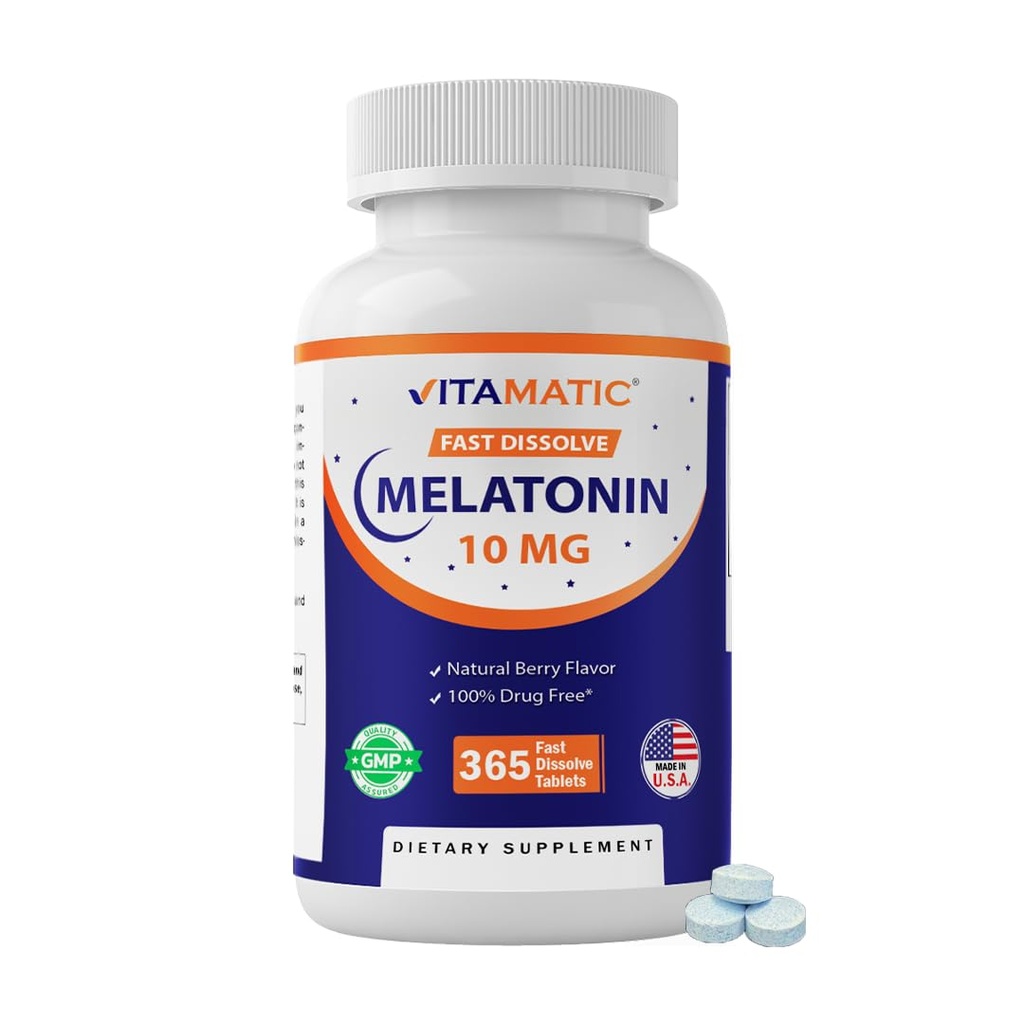 Vitamatic Melatonina 10 mg compresse di dissolve veloce – Supplemento di supporto per il sonno rapido per adulti – Vegetariano, Non OGM & Gluten-Free – Natural Berry Flavor – 365 compresse
