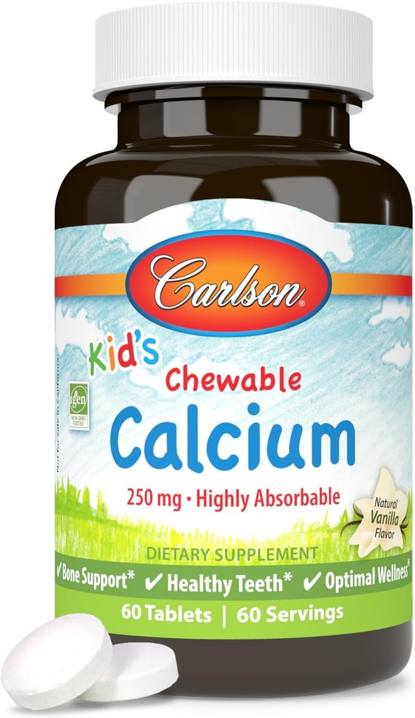 Carlson - Calcium masticabile per bambini, 250 mg, Altamente assorbibile, Bone & Teeth Support, Benessere ottimale, Natural Vanilla Flavor, 60 compresse