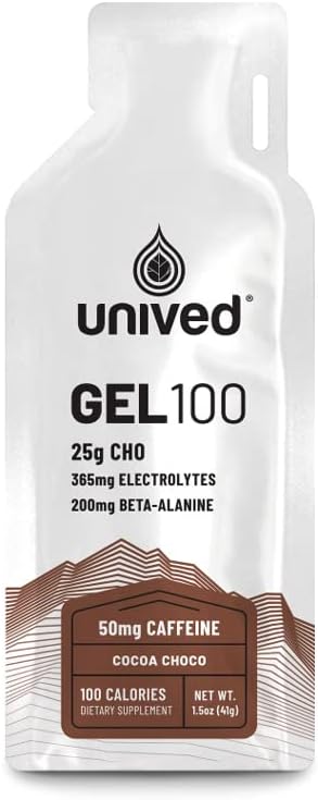 Unived Gel 100 - Vegan Energy Gel for Endurance Athletes Runners & Cyclists - 100kcal - Cocoa Choco - 50mg Caffeine - Pack of 6