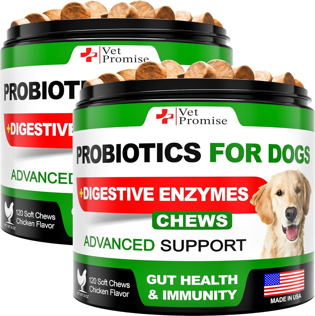 (2 Pack) Probiotici per cani - Probiotici per cani e enzimi digestivi per la salute del fegato, pelle prurito, alleergie, immunità, equilibrio del seno - Prebiotici - Ridurre diarrea, gas - 240 Chews probiotici per cani