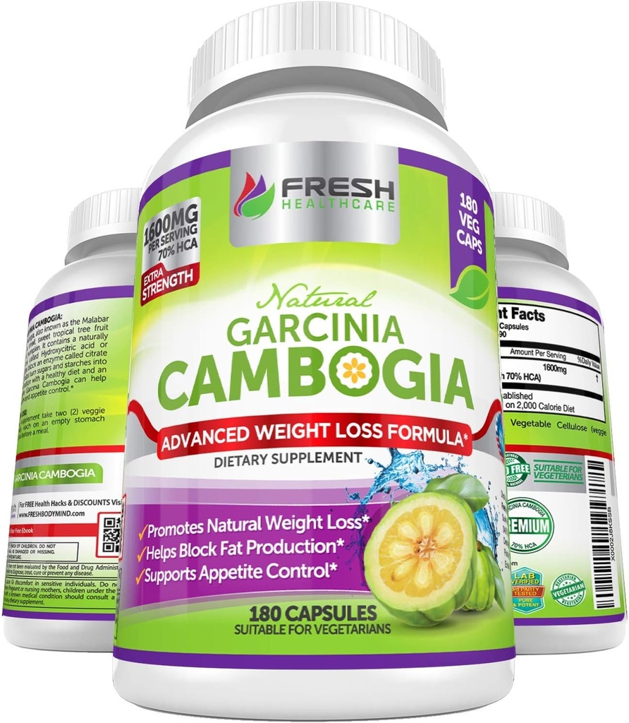 FRESH HEALTHCARE 100% puro Garcinia Cambogia Extract - Tutto naturale Appetite Suppressant & Weight Management Support - 180 capsule